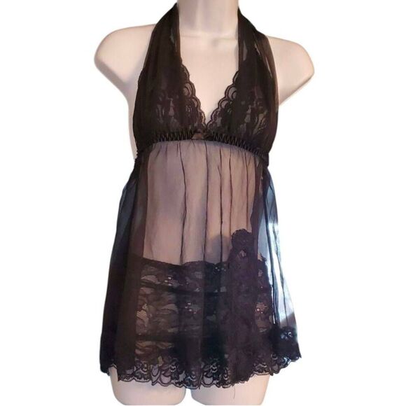 FREDRICKS OF HOLLYWOOD Black Lace Baby Doll Slip and Matching Lace Panties Size - Picture 2 of 6